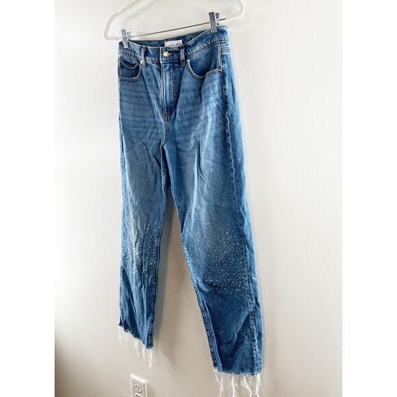 LOFT High Rise Straight Leg Raw Frayed Hem Rhinestone Jeans Blue 2 / 26 - Picture 8 of 10